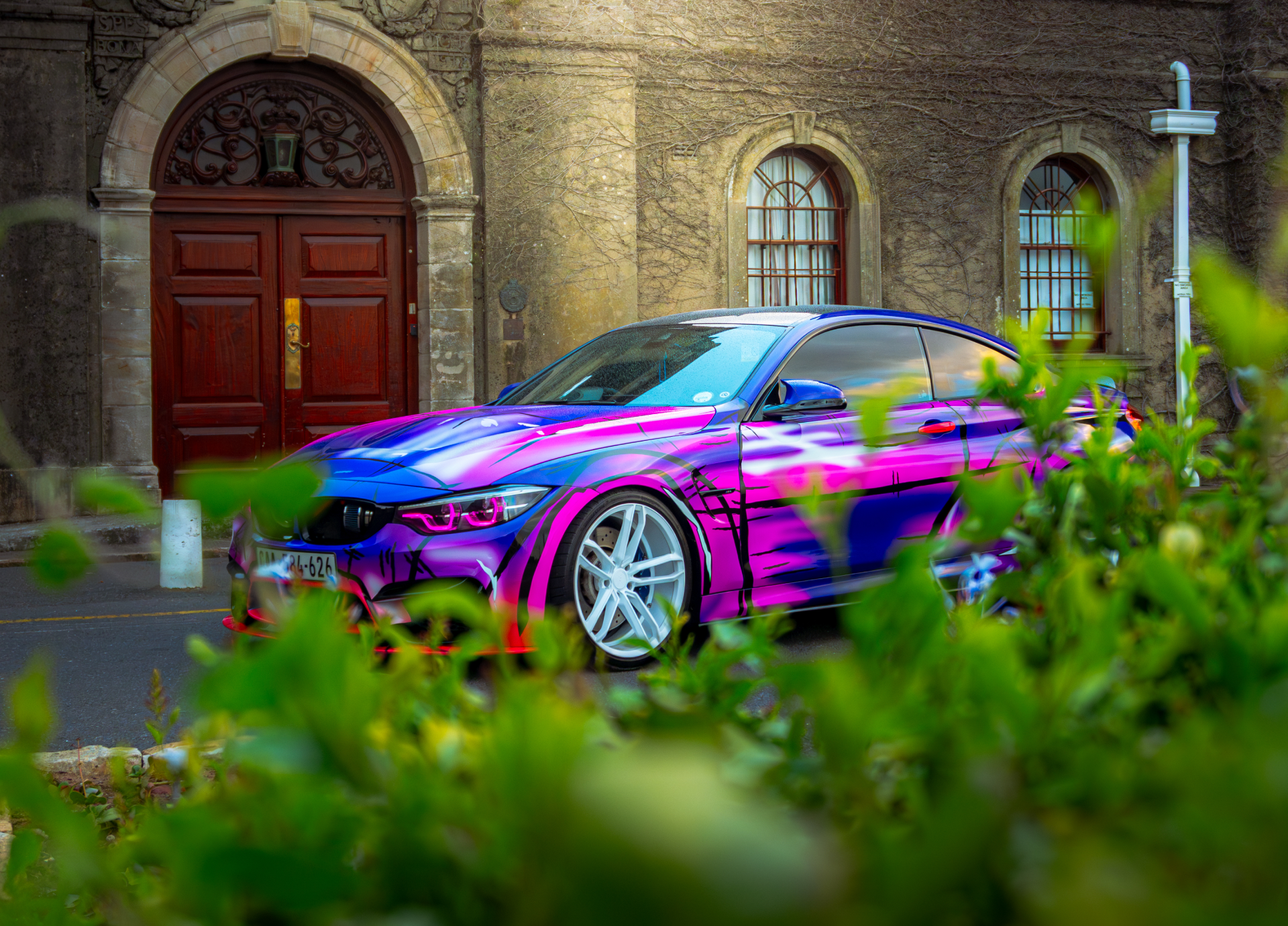 A colorful BMW behind a bush